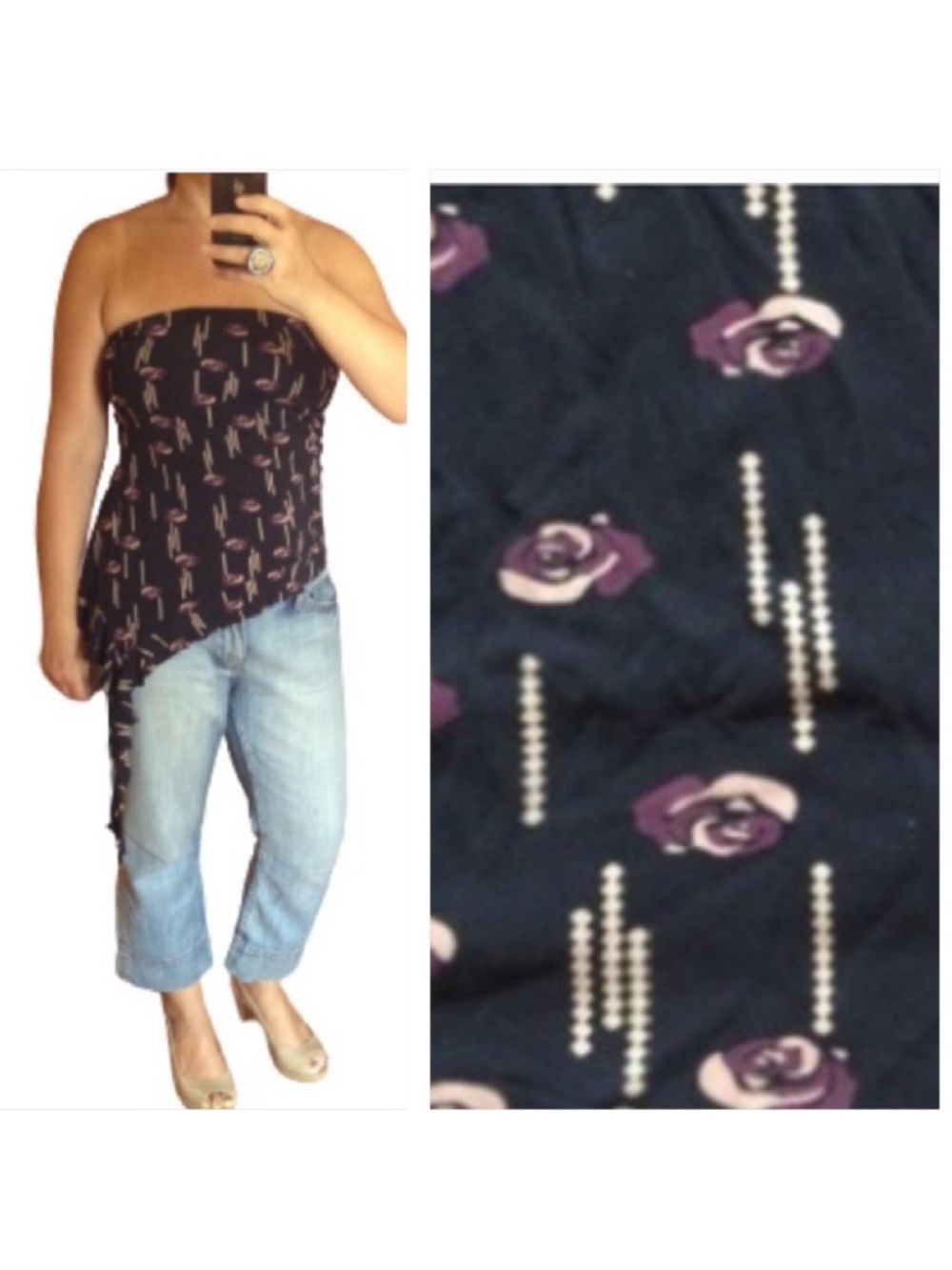 Stretch silk strapless top. Asymmetrical side ruffle, modern Rose print.size S M